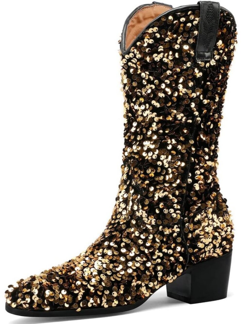 Women's Gold Sparkly Mid Calf Glitter Wedding Chunky Heeled Cowgirl Boots